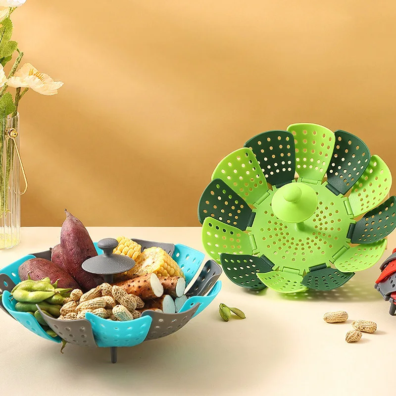 Silicone Steamer Basket - Vaporizador de alimentos dobrável, cesta de